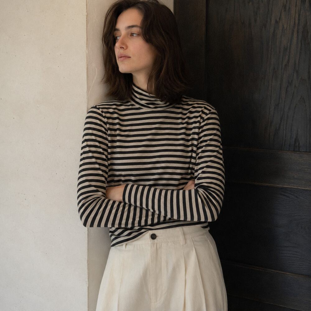 Muji Black/Cream Cotton Striped Turtleneck Long Sleeve Top, size S